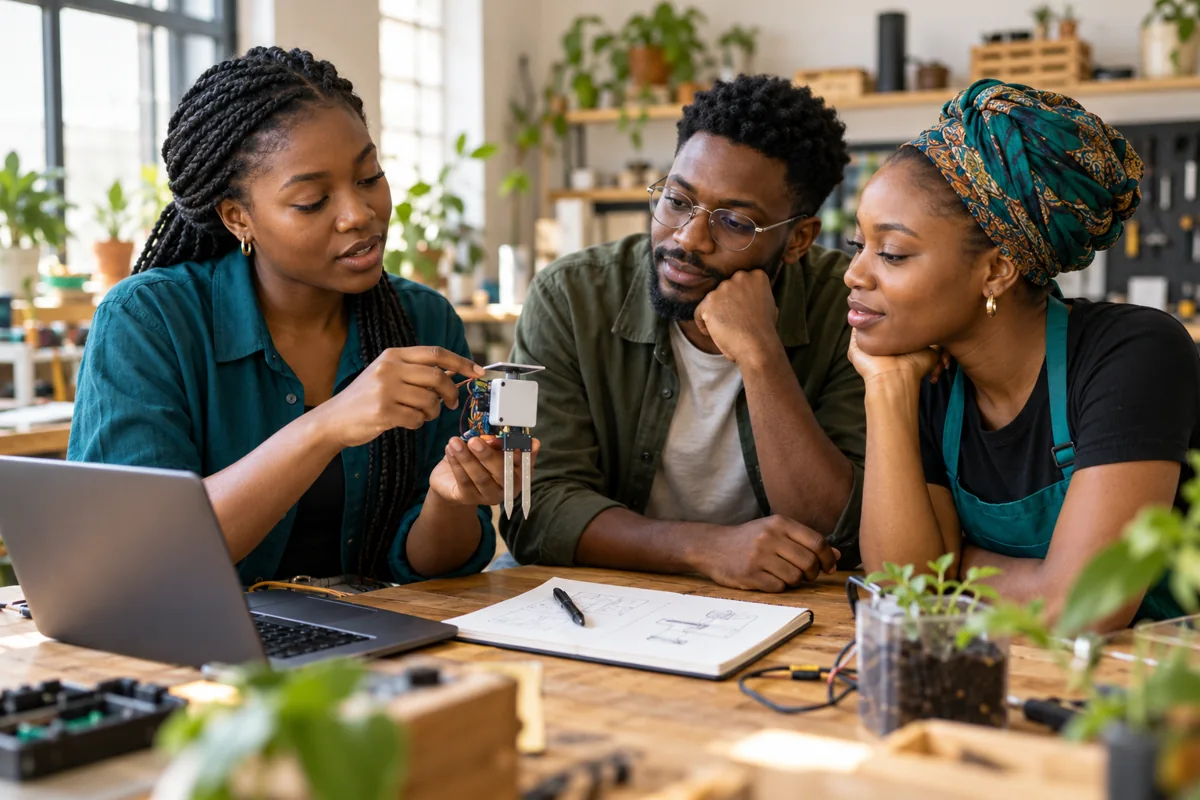 Illustration of an engineer, a creative professional and a food entrepreneur exploring a prototype together