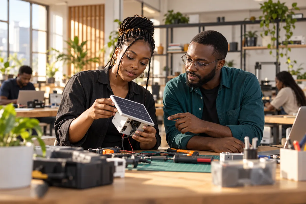 Illustrative view of a Nigerian maker and collaborator developing a small prototype in a studio